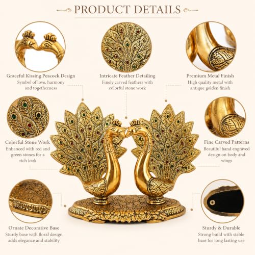 Image of Metal Kissing Peacock Couple Statue for Home Decor, Romantic Love Bird Showpiece for Living Room Bedroom Office Table, Decorative Figurine for Wedding Anniversary Housewarming Gift