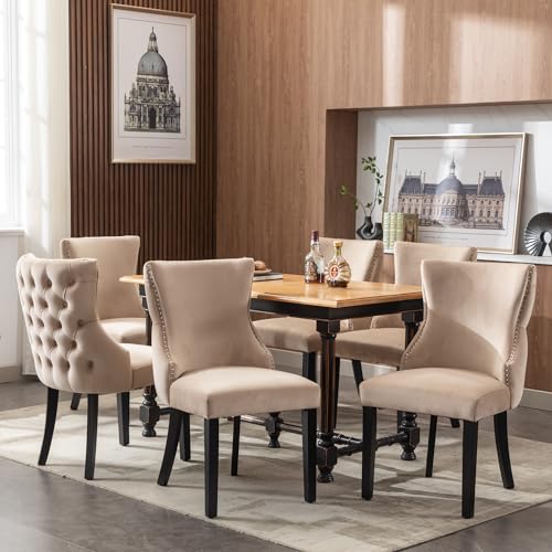 Merax Lot de 6 Chaises en Velours Beige avec Pieds en Bois Massif, Design Capitonné, Confort Ergonomique, Stables et Élégantes, pour Salle à Manger ou Salon