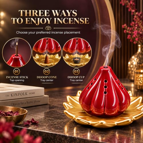 Image of SIGNAMIO Ceramic Sambrani Dhoop Doopam Dhupam Stand Holder - Gold Red