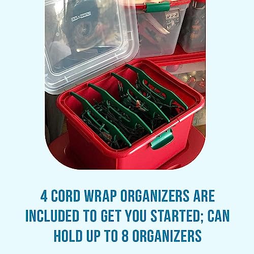 Image of HOMZ Holiday Light Organizer | Plastic Storage Container with Green Cord Wraps | Red Container with Clear Hinged Lid | Snap Lock Closure | Set of 2 with 8 Cord Wraps
