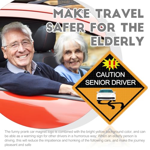 Image of Chunful 4 Pcs Funny Prank Caution Senior Driver Car Magnet Sign Gag Gifts Over The Hill Elderly Driver Magnet for Car Bumper Sticker 50th Grandma and Grandpa Birthday Gift Supply(Reflective)
