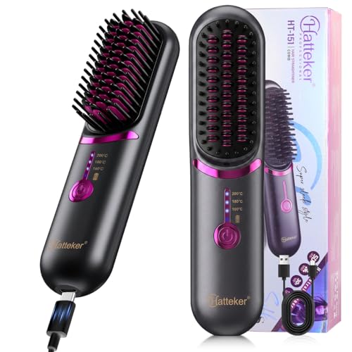 Image of Hatteker Cordless Hair Straightener Brush, Portable Hair Brush for Travel | Straightening Brush Cordless with 3 Temperature Settings, Mini Ionic Hot Comb Straightener for Women (Black)