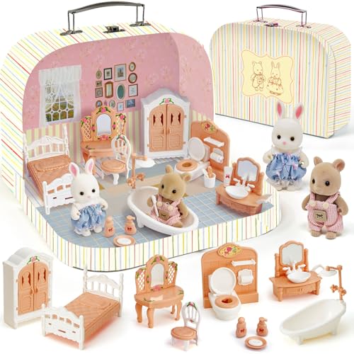 TinkerPlay Casa de Muñecas Maletín con Muebles Miniatura, Accesorios DIY y 2 Muñecos Flexibles – Dormitorio y Baño – Juego de rol, Regalo de Cumpleaños o Navidad para Niños y Niñas a Partir de 3 Años