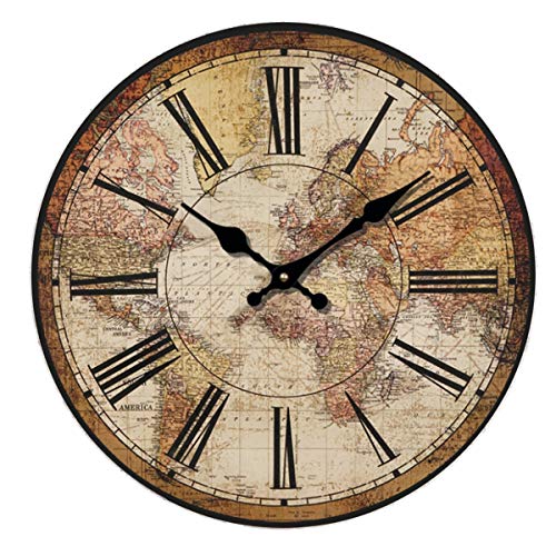 HUABEI Retro Wall Clock, Vintage World Compass Map Travel Lover Inch Silent Wooden Wall Art Decor Analog Battery Operated Non-Ticking Bedroom Living Room Kitchen Office (14‘’)