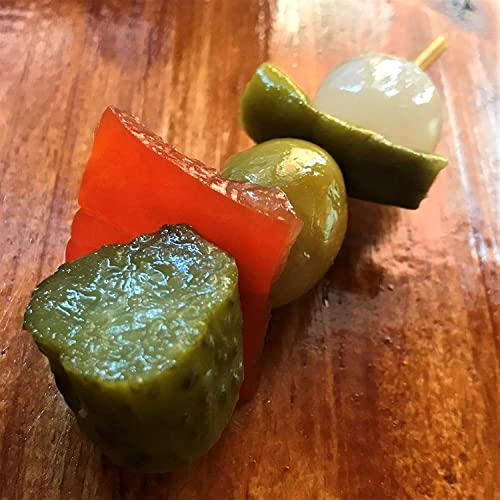 TORERAS - 2er Pack - Grüne Oliven, Paprika, Gurke, Zwiebeln in nativem Olivenöl - Essiggurken Oliven, Aufgespießtes Gemüse in Essig, Konserven Aufbackbrötchen, Spanien Aperitif - Pikanter Geschmack
