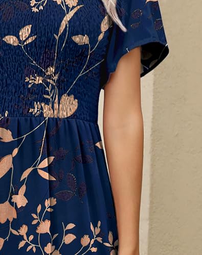 Image of Kranda Women Summer Dress Round Neck Flutter Short Sleeve Smocked Ruffle Tiered Floral Maxi Dress 2024