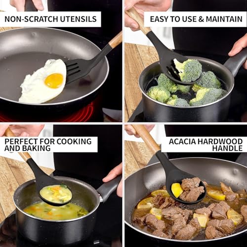 Image of Silicone Spatula Set, Spatula Set with Wooden Handle for Cooking and Mixing, for Non Stick Pan, Kitchen Tools Set of (5, Black)