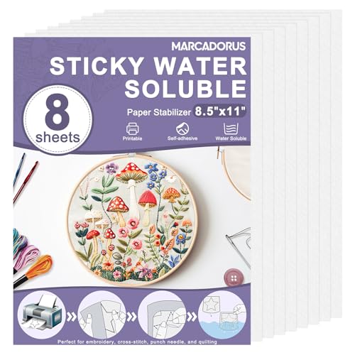 Stick and Stitch Embroidery Paper Wash Away 8.5”x11”, 8 Pcs Soluble Embroidery Stabilizer Printable Paper, Away Stabilizer for Hand & Machine Embroidery, Ideal for Printing & Drawing Patterns.
