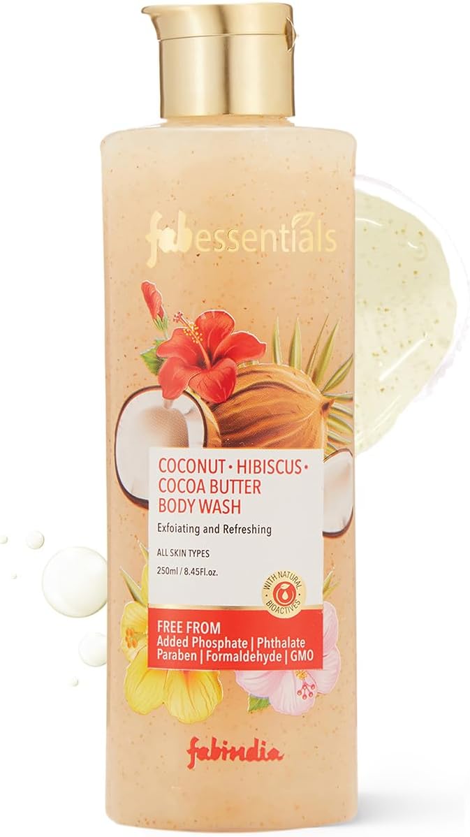 Fabessentials Coconut Hibiscus Cocoa Butter Exfoliating Body Wash - 250ml |Aloe Vera & Vitamin E | Cleanses Gently & Hydrates Skin | Deep Nourishing & Skin Brightening Body Lotion | Moisturizing Body Lotion