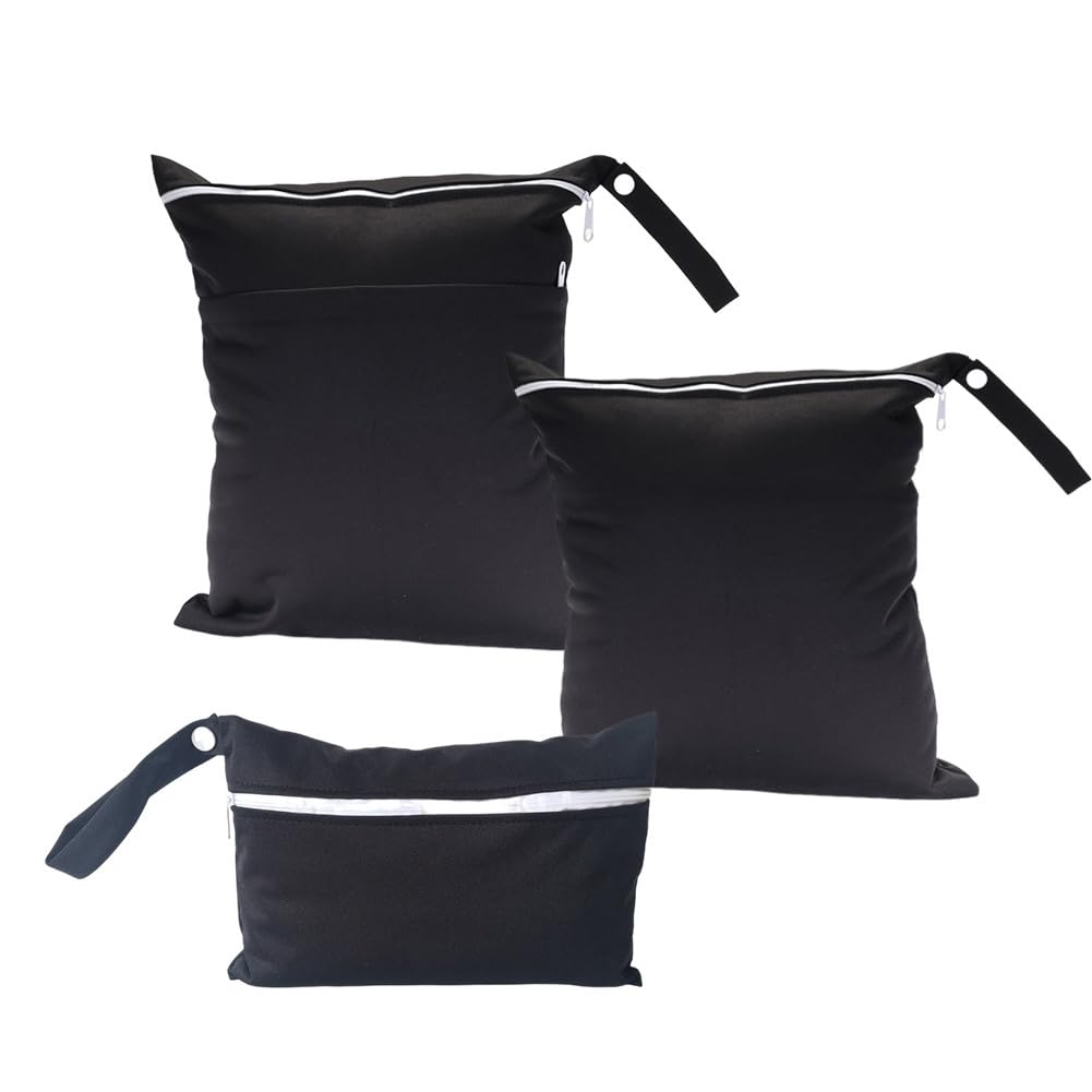 Hixingo 3 Packs Wet Bag, Reusable Washable Nappy Stuff Sack, Portable Waterproof Wet Dry Organizer Bag Sack with Zipper Pockets, for Clothes, Swimming, Travel, Beach (Black,3pcs)