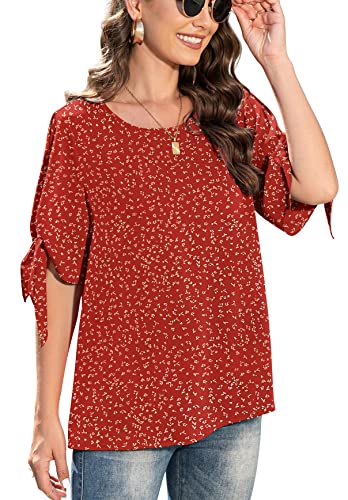Jouica Women Summer 2023 Short Sleeve Chiffon Tops Blouses Knot Cuff Shirts Floral Tunics,Flower Wine Red,Medium #TOP8