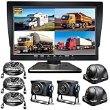 4 Channel Backup Camera Wired System: 10'' 1080P 360° View Recording Quad Split Screen IPS Monitor, IP68 Waterproof IR Night Vision 4 Cameras for Semi Truck RV Trailer Bus Tractor Truck Furrion