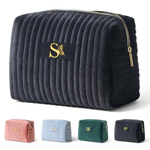 Image of COSHAYSOO Mom Birthday Gifts Mothers Day Gift Ideas for Mama Grandma New Mommy from Daughter Travel Makeup Bag Quilted Make Up Cosmetic Pouch Cool Aesthetic Monogram Black Velvet Initial Letter S