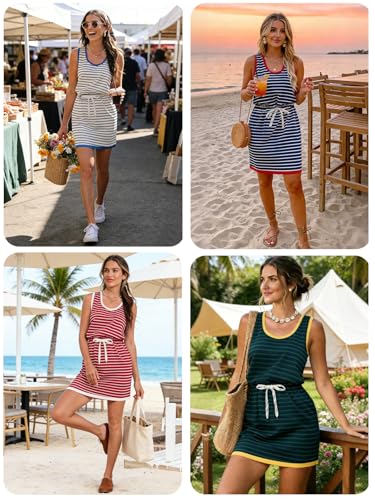 Image of Yousify Womens Summer Sleeveless Striped Dress Drawstring Waist Casual Tank Mini Dresses with Pockets