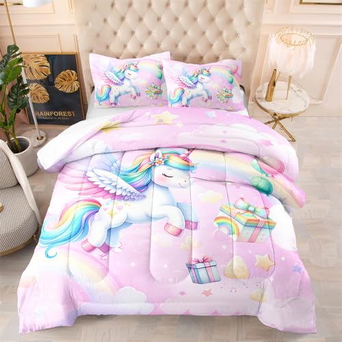 Coverless Duvet Unicorn Pink Angel Coverless Duvet King Size Microfiber Bedspreads King Size Lightweight Quilted Bedspreads All Seasons Comforter Washable+2 Pillowcases(50x75cm) 140x200cm