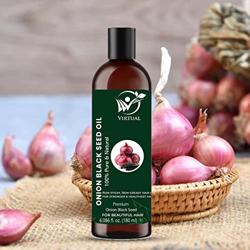 Image of VIRTUAL Pure Essential Oil For Stronger Hair, Body Skin Care, Moisturizing Dry Skin, Eyelash and Nails Cold Pressed Oil With No Mineral & Silicones (180 ML Pack of 2, Onion Black Seed Oil)