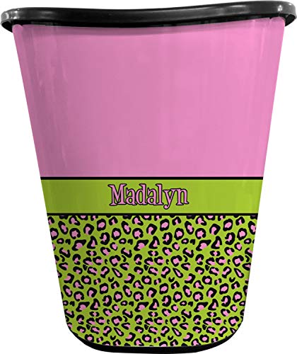 RNK Shops Personalized Pink & Lime Green Leopard Waste Basket - Double Sided (Black)