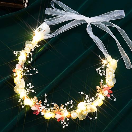 Ajacity ライトアップ ピンク ウェディング ヘッドバンド LED パール フラワー プリンセス ヘッドピース ゴールデンリーフ ヘアバンド ブライダル ヘアアクセサリー 女性用