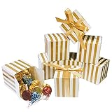Small Shiny Gold Cube Candy Treat Boxes Set With Ribbon Gold White Strips Treat Boxes Bulk Wedding Party Favors Baby Shower Birthday Party Supplies 2x2x2 Inch, 50pc