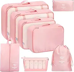 Kit Organizador de Mala de Viagem 7 Peças + Necessaire unisex Extra – Conjunto Completo com Bolsas para Roupas, Sapatos, Maquiagem e Acessórios (Rosa)