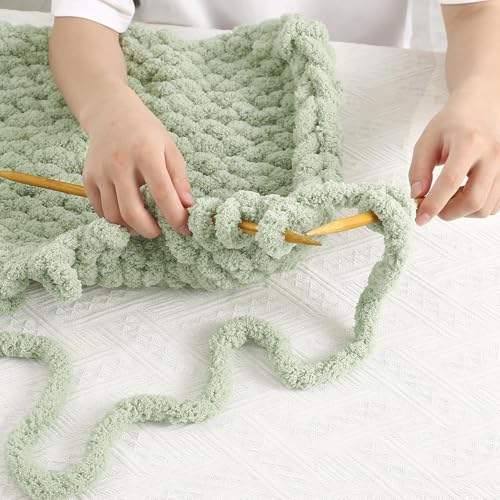 Image of Chunky Chenille Yarn for Hand Knitting 8 Jumbo Pack Jumbo Chunky Yarn for Hand Soft Blanket Knitting, Bulky Thick Fluffy Yarn for Crocheting (Sage Green+Milky White)