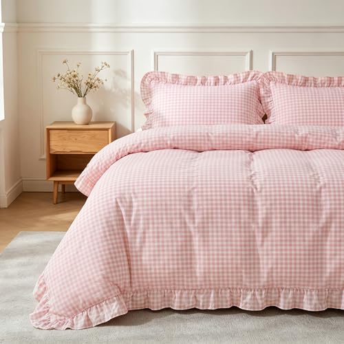 Image of Nayoroom Gingham Duvet Cover Queen Size Pink Ruffle Plaid Checkered Duvet Cover 3 Pieces Soft Washed Microfiber Vintage Farmhouse Dorm Bedding Set Gifts for Women Men