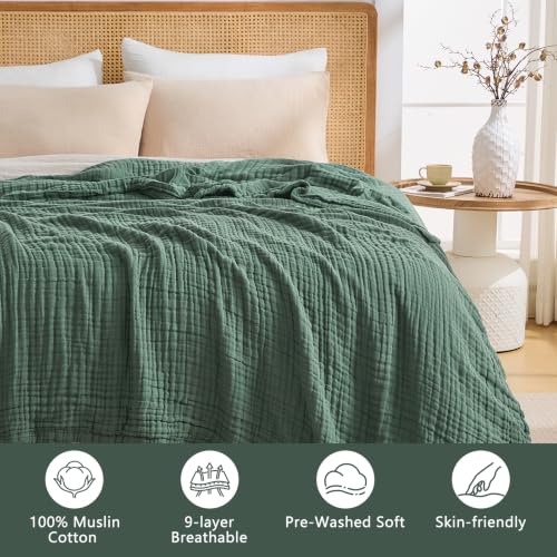 Image of EMME 9 Layer Muslin Cotton Blanket Adults Coverlet,Queen,Forest Green