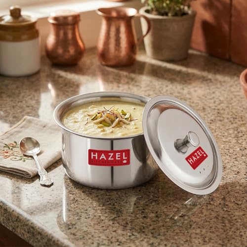 Image of HAZEL Stainless Steel Patila with Lid Cooking Vessel, 800ml | Mirror Finish Cooking Pot | Durable Induction & Gas Compatible Bhagona /Tope for Boiling Milk, Tea, and Cooking | Silver