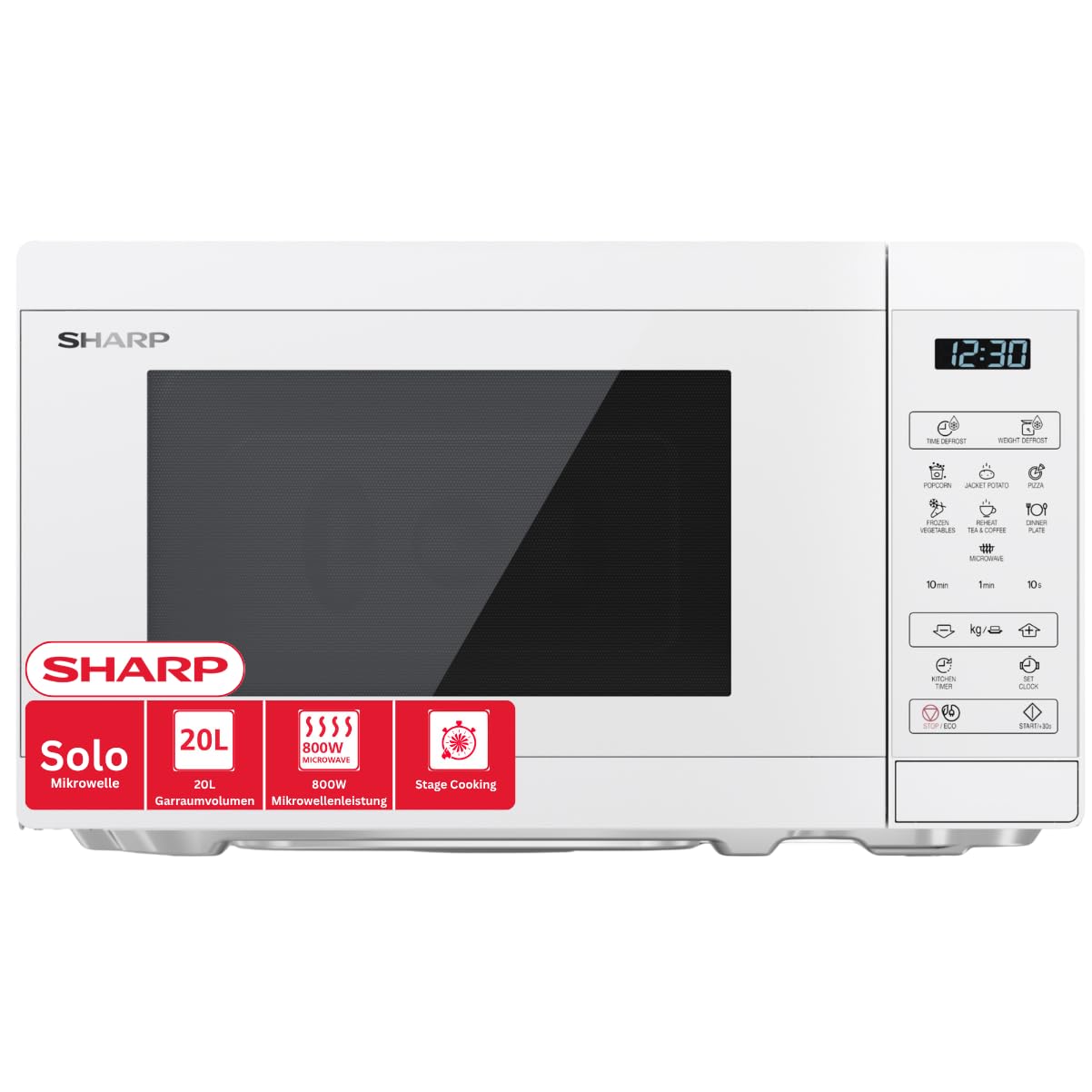 Sharp Mikrowelle YC-MS02E-C 20L, Kristallweiß, 800W, Digitalsteuerung, 11 Leistungsstufen, 8 Programme, Auftaufunktion, ECO-Modus, Kindersicherung