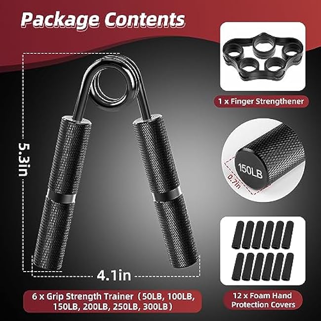 Hand Grip Strengthener Set, 6-Pack 50LB to 300LB Hand Grips Finger Strengthener, Heavy-Duty Grip Strength Trainer with Protective Foam for Forearm Exercise, Hand Gripper, Hand Therapy, Ideal for Home Gym and Muscle Building