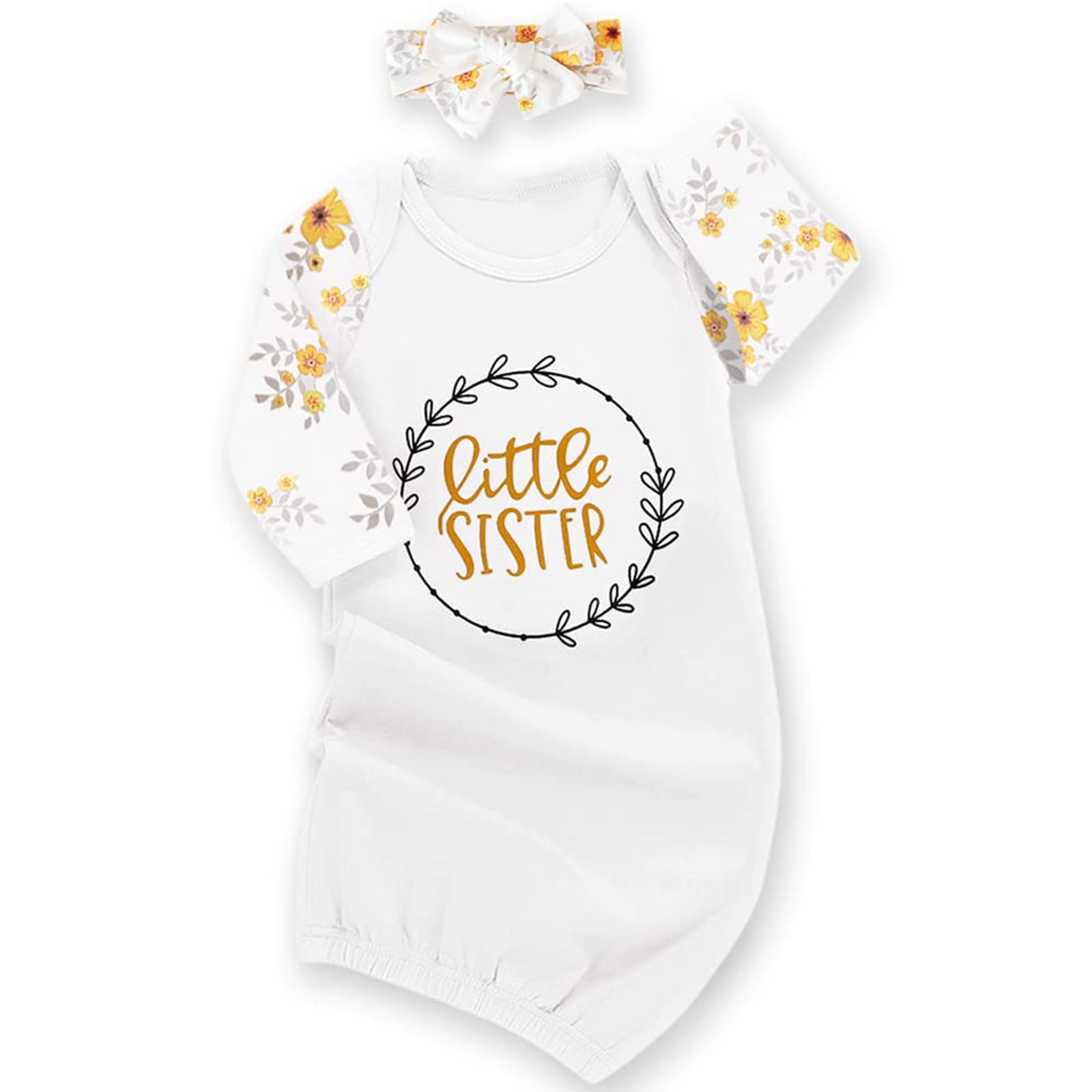 AMAWMW Newborn Baby Girl Little Sister Sleeper Gown Stripe Long Sleeve Nightgown Pajamas Gifts Stuff Essential Outfit E White Yellow Flower Sleeve 0-6 Months