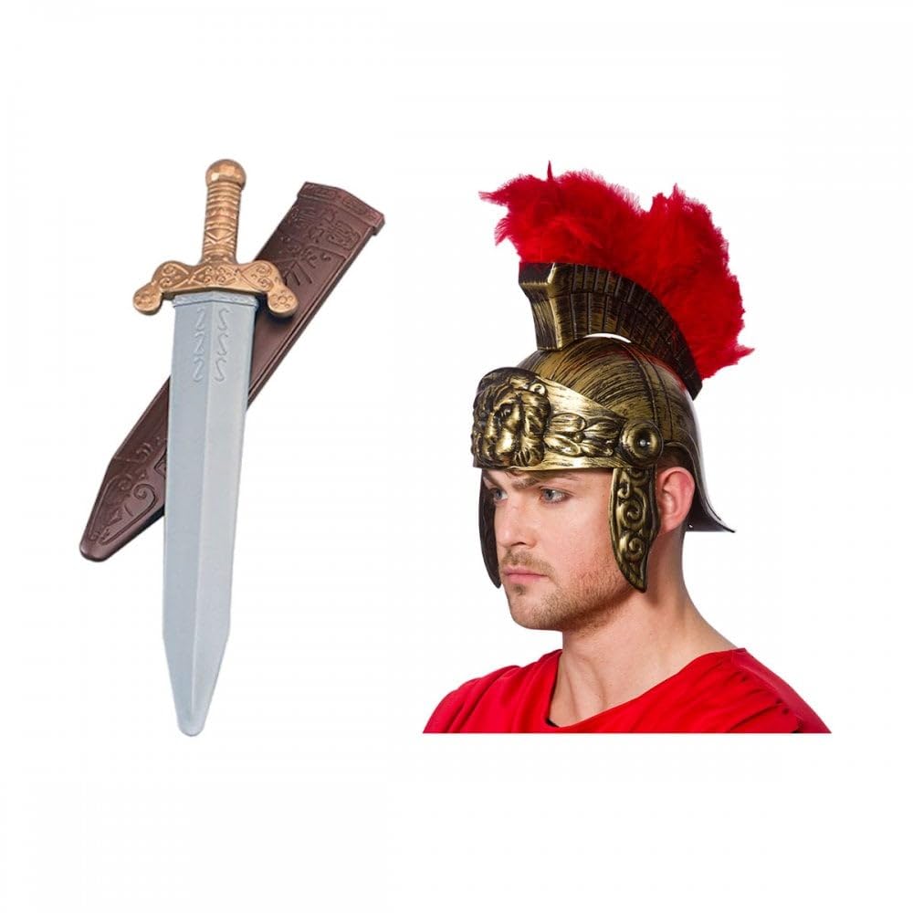 Roman Helmet with Feathers + Roman Sword with Scabbard : Adult Mens Womens Centurion Soldier Gladiator Fancy Dress Accessory Set