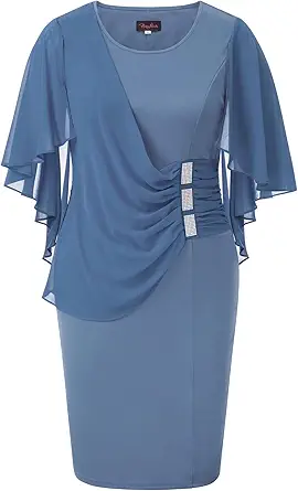 Hanna Nikole Women's Plus Size Chiffon Ruffle Flattering Cape Sleeve Bodycon Pencil Dress