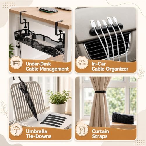Kit de 98 piezas para gestión de cables, organizador de cables sin taladro de 25 pulgadas bajo escritorio con clips y 70 lazos de gancho y bucle para escritorio de pie, hogar, oficina y gaming miniatura 6