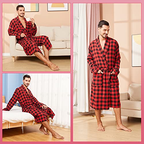 Image of FashGudim Mens Buffalo Plaid Cotton Robe Lightweight Bathrobe Shawl Collar Kimono Sleepwear Loungewear House Robes