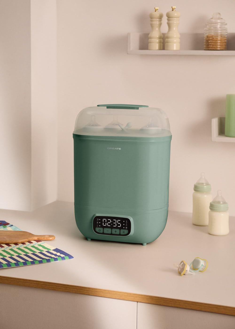 CREATE/BABY BOTTLE CARE/Multifunktionssterilisator mit Trocknungsfunktion Salbeigrün/Fassungsvermögen 8 Flaschen, vollständige Trocknung, sterile Aufbewahrung, Flaschenwärmer,Obsttrocknung, 600W