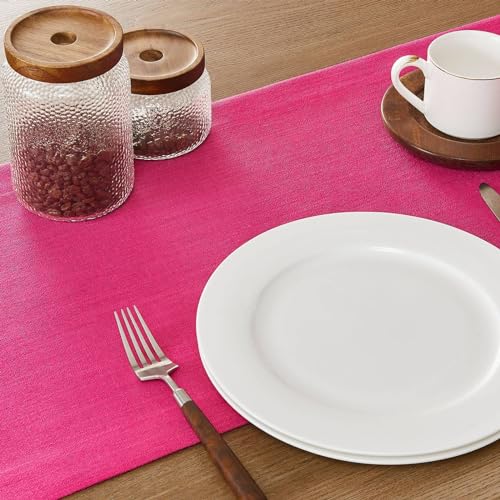Image of ZeeMart Linen Textured Border Table Runner, 14 x 90 Inch Hot Pink | Mitered Corner Design, Medium Weight Fabric, Modern Farmhouse Style, Machine Washable Easy Care Everyday Table Scarf