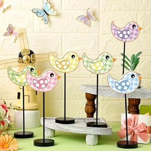Wenqik 6 pcs spring table decors spring decorations cute colorful birds wooden standing signs table centerpiece holiday tiered tray decor for home kitchen  urban country home decor