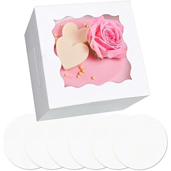 Gcardist 15.24 x 15.24 x 12.7 cm Cake Box 5 Sets White Cake Box with Window & 5 Sets 15.24 cm White Cake Round Boards 15.24 cm Cake Containers 6 x 6 x 5 inches
