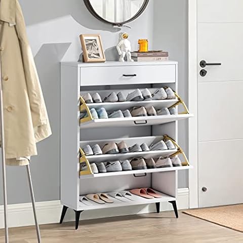 Noskatu Slim Shoe Cabinet with Doors Wooden Free Standing Shoe Rack with 2 Flip Drawers Modern White Shoe Storage Cabinet for Entryway Hallway Living Room Bedroom Apartment Cover