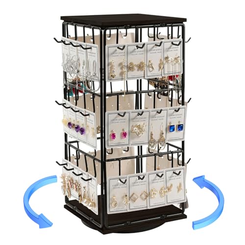 LIROPAU Rangement rotatif à 360° pour boucles d'oreilles à 3 étages avec 48 crochets, présentoir à bijoux en bois pour vendeur, organisateur de bijoux, organisateur de bijoux, marron