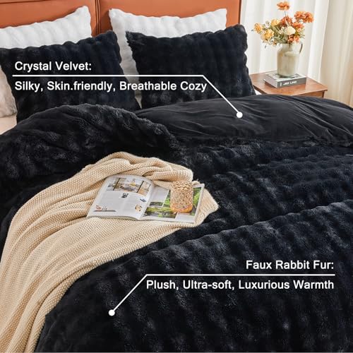 Image of EMME Faux Fur Duvet Cover Queen Size, 3 Pieces Ultra Soft Fluffy Comforter Cover, Cozy Warm for Winter, Luxury Elegant Shaggy Bubble Design Bedding, 1 Duvet Cover & 2 Pillow Shams (Queen, Black)