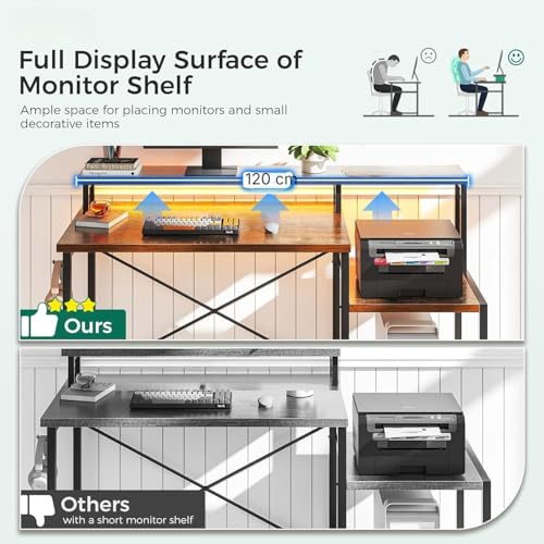 Image of Gaming Desk with Monitor Stand & Storage Shelves | Study & Computer Desk with Headphone Hook | Reversible Office for PC Setup | Rustic Brown | 120 x 60 x 87 cm
