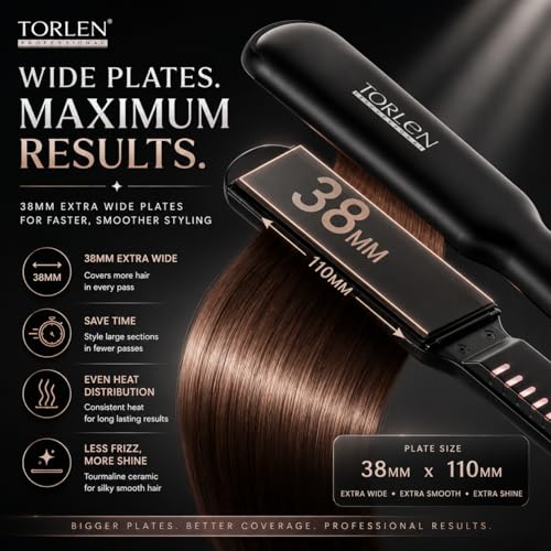 Image of TORLEN Professional Hair Straightener TOR-049 | Wide 38mm Tourmaline Ceramic Floating Plates | 5 Temperature Settings 130C-230C | Fast 30 Sec Heat Up | Auto Shut Off | Hair Straightener for Thick, Long & Frizzy Hair