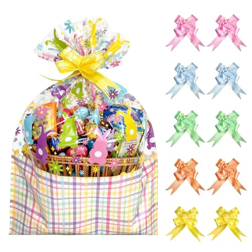 ASOEMERZ 10 Pcs Easter Basket Bags 18x24 Cellophane Bags for Gift Baskets with 10 Pieces Pull Bows for Small Gift Baskets Presents Treats Easter Day Party Supplies