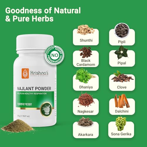 Image of Krishna's Najlant Powder - Herbal Respiratory Support for Lungs, Cough & Congestion Relief, No Artificial Colors or Flavors - 50 g (Pack of 1)