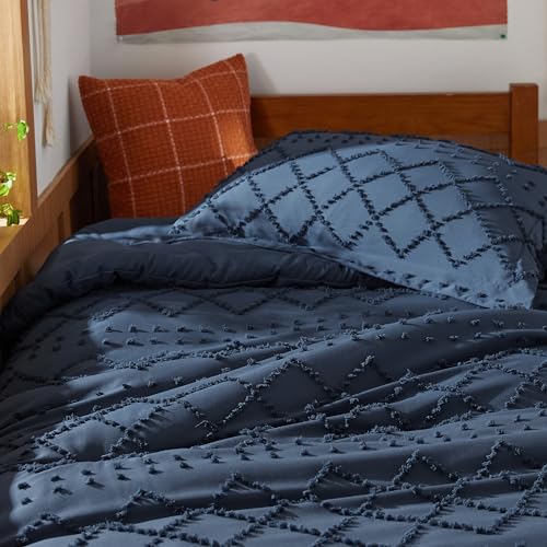 Image of Bedsure Twin Comforter Set - Navy Blue Comforter, Boho Tufted Distressed Vintage Bedding for Kids, 2 Pieces Farmhouse-Style Bed Set for All Seasons, Fluffy Soft Bedding with 1 Pillow Sham