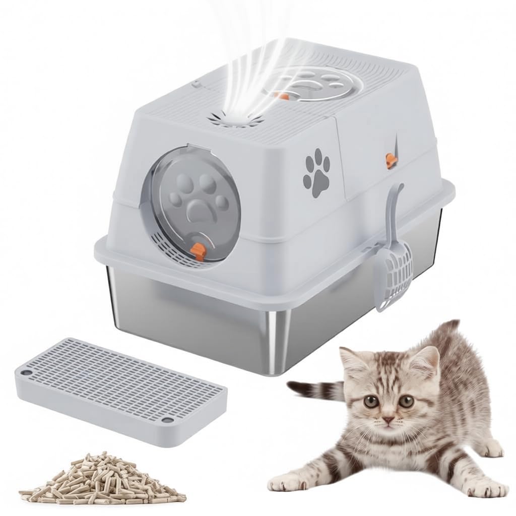 Qpets® Stainless Steel Enclosed Cat Litter Box - Dual Door Design with Odor-Control Ventilation System Includes Scoop & Tracking Mat Easy-Clean Surface (40x60x39cm)-image-49