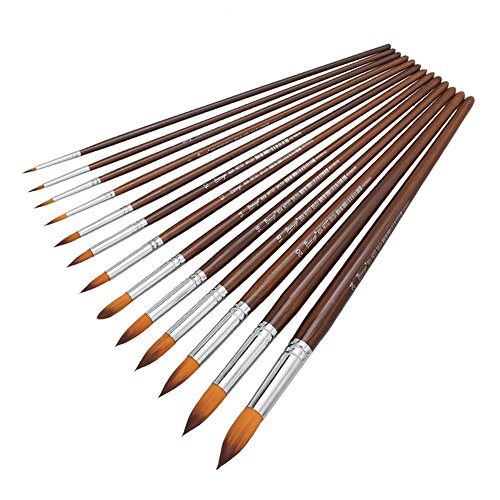 Kcopo Multifunktionales Pinsel Set - 12 Stück Holz Nylon Artist Paint Brushes für Kunst Malerei, Aquarell, Gouache, Acryl und Ölgemälde - Braune Farbe