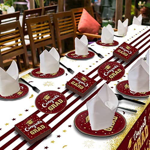 Image of Maroon and Gold Graduation Party Tableware Kit for 24 Guests Class of 2026 Graduates Decorations and Supplies with Congrats Grad Banner, Plates, Graduation Tablecloth, Napkins and More